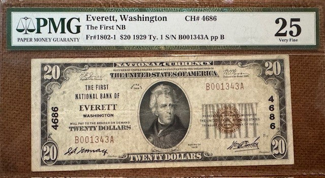 Everett WA.  The First National Bank of Everett $20 type 1 PMG 25 banknote.