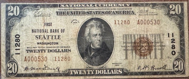 Seattle WA, First National Bank of Seattle charter 11280 type 2 $20 banknote.