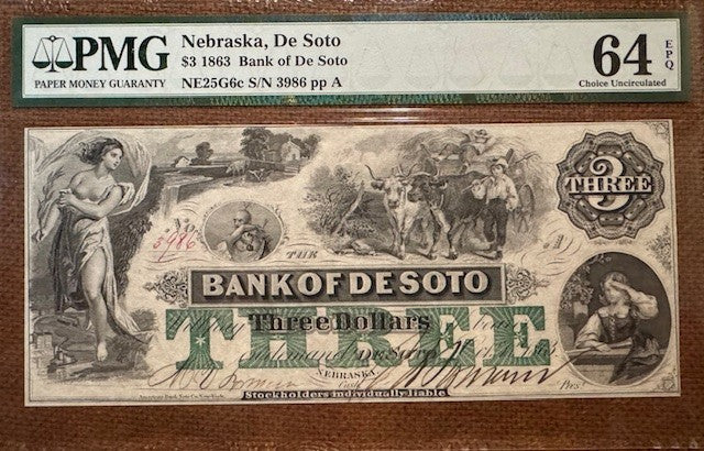 1863 $3 Bank of De Soto, Nebraska Obsolete Currency Note PMG 64!