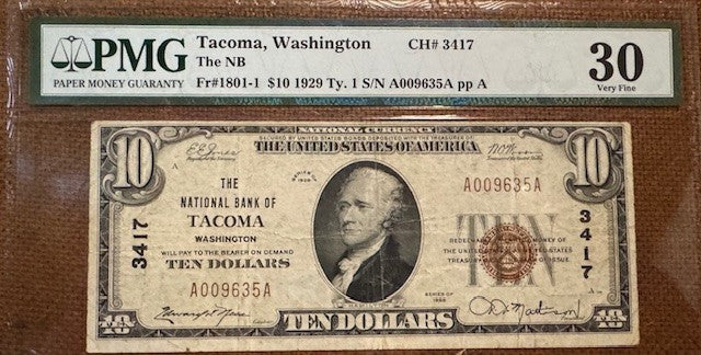 Tacoma WA  The First National Bank of Tacoma $10 Type 1 1929 banknote. PMG30