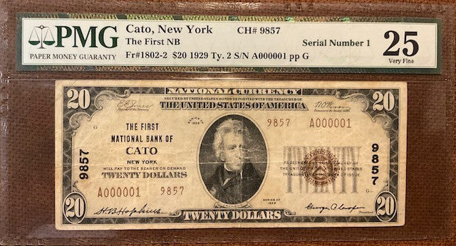 Serial number 1.   The First National Bank of Cato New York $20
