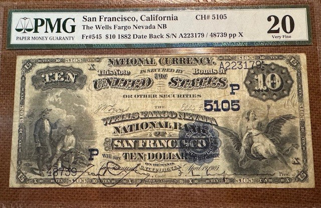 1882 Wells Fargo Nevada National Bank of San Francisco $10 Date Back