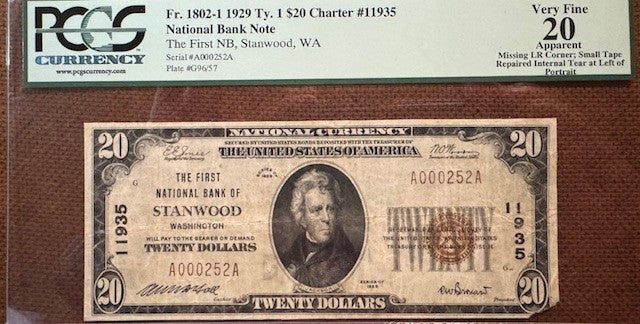 Stanwood WA 1929 $20 Type 1 Banknote VF20 Apparant