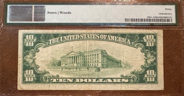 Tacoma WA  The First National Bank of Tacoma $10 Type 1 1929 banknote. PMG30