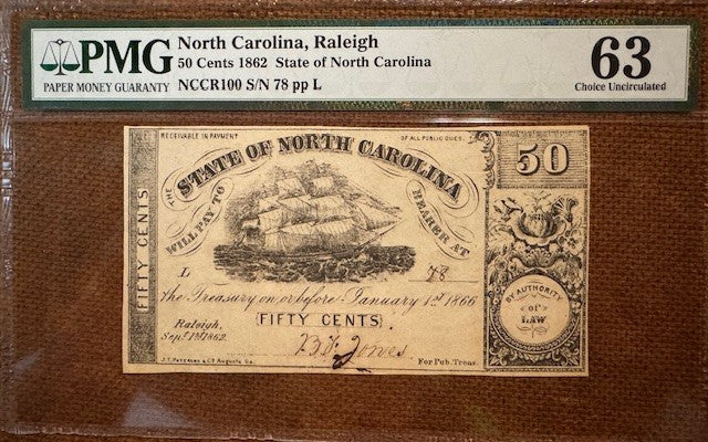 1862 Raleigh North Carolina 50 Cents Obsolete Currency PMG 63