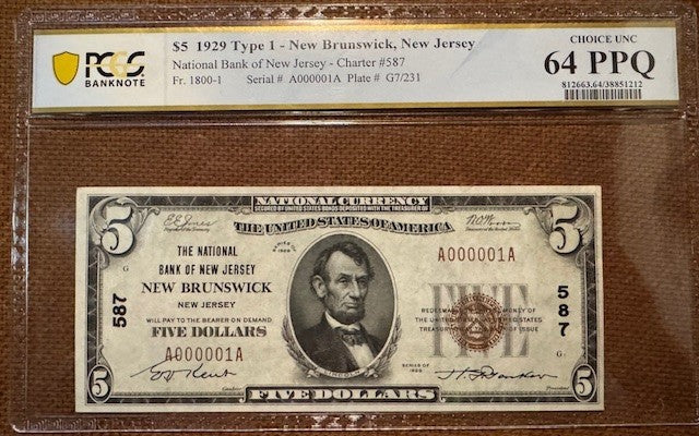 Serial number 1. The National Bank of New Jersey New Brunswick