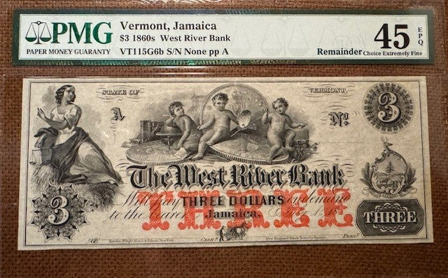 The West River Bank, Jamaica, Vermont $3 Obsolete Currency PMG 45 EPQ!