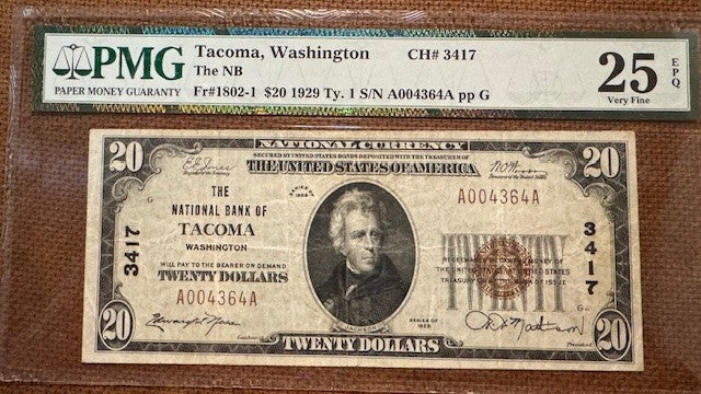 Tacoma WA  The National Bank of Tacoma $20 type 1 PMG 25 EPQ banknote