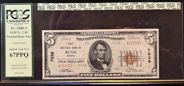 Reno Nevada FR 1800-2 1929 Type 2 PCGS 67PPQ $5 National Bank Note