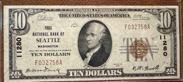 Seattle WA.  First National Bank of Seattle charter 11280 series 1929 banknote.