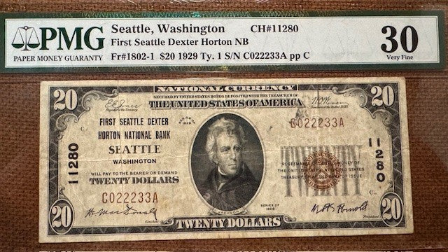 First Seattle Dexter Horton National Bank.  $20 type 1 PMG 30 national banknote.