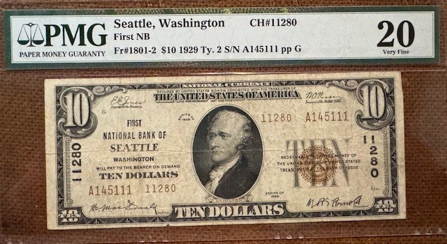 Seattle WA.  First National Bank of Seattle $10 type 2 PMG 20 National Banknote