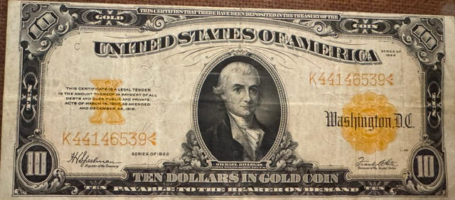 1922 $10 Gold Certificate ungraded