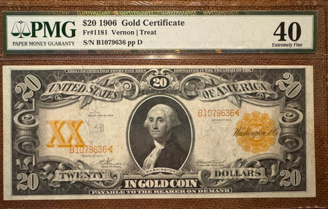 1906 $20 Gold Certificate PMG 40