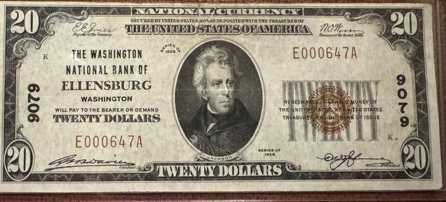 Ellensburg WA $20 ungraded.  The Washington National Bank of Ellensburg